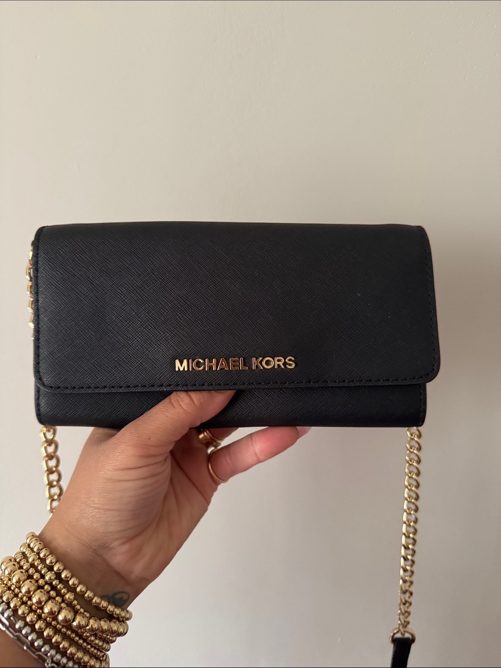 Michael Kors Black Saffiano Crossbody Wallet with Gold Chain